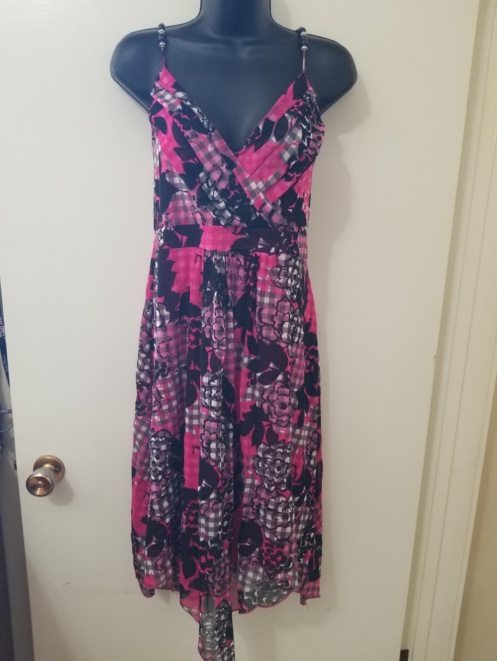 Ricki’s Y2K Festival Dress Pink Black Beaded Strap Handkerchief Hem